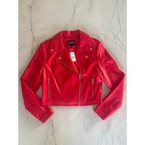 NWT Express Cherry Red Motorcycle Jacket Zippers Faux Leather Womens' Size M